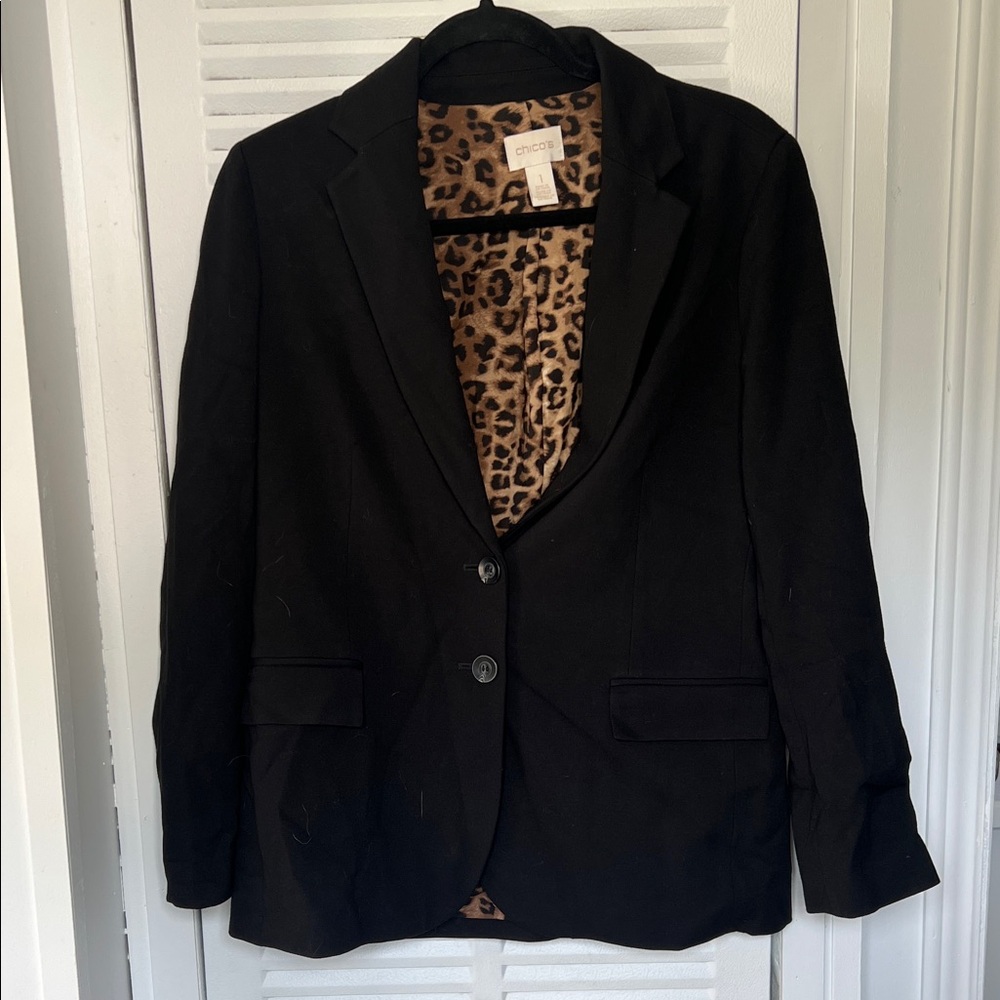 Chico's Elegant Black Blazer with Leopard Print Lining